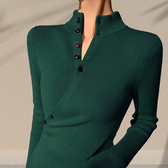 Sweaters - Dark Green Casual Women's Long Sleeve Asymmetric Knit Pullover Sweater